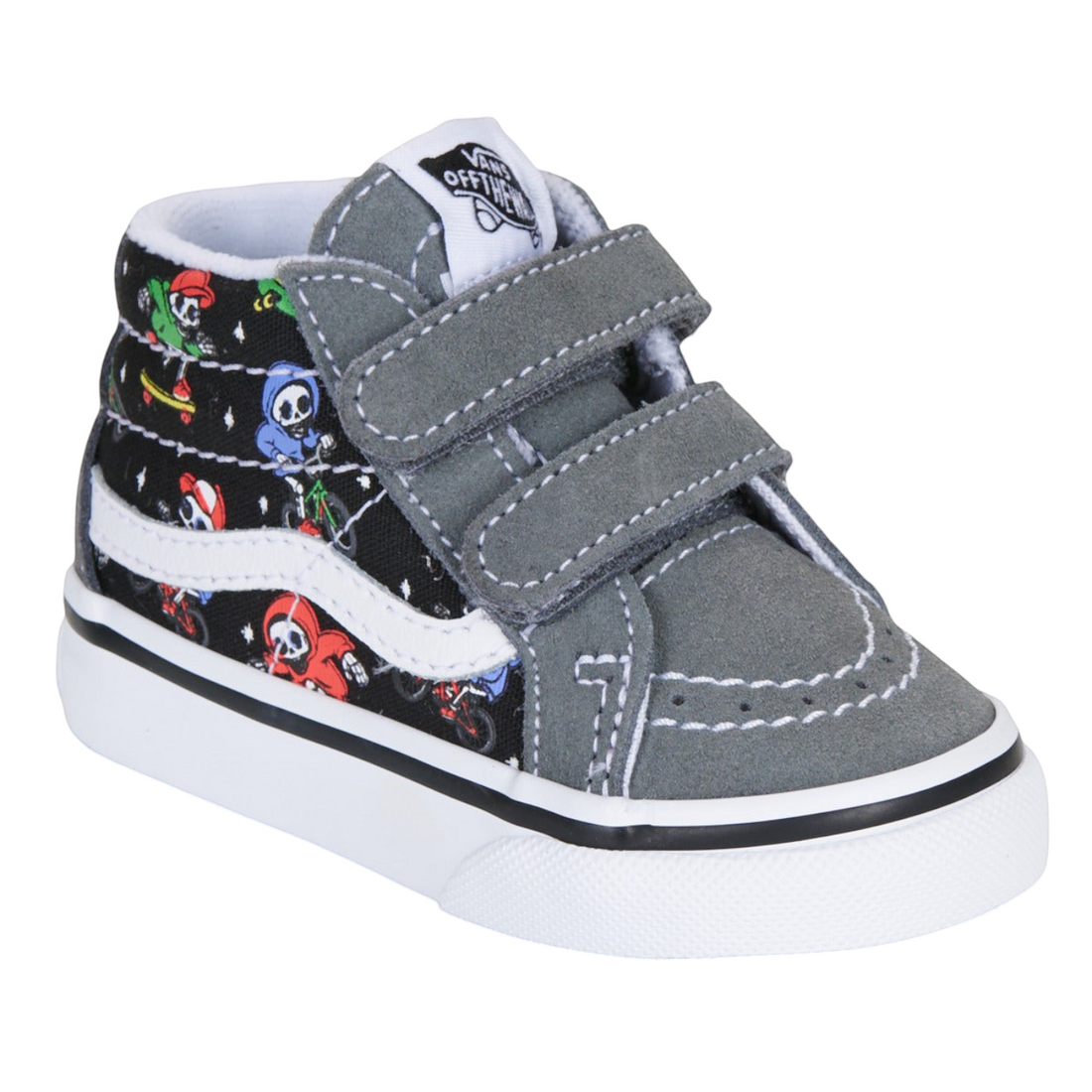 Chaussures montantes enfant Born2ride Vans Sk8-Mid Reissue V noires et grises avec motifs squelettes et scratchs
