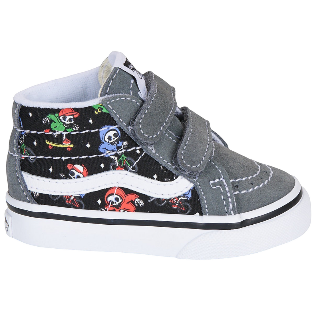 Chaussures montantes enfant Born2ride Vans Sk8-Mid Reissue V grises et noires avec motifs squelettes et fermeture scratch