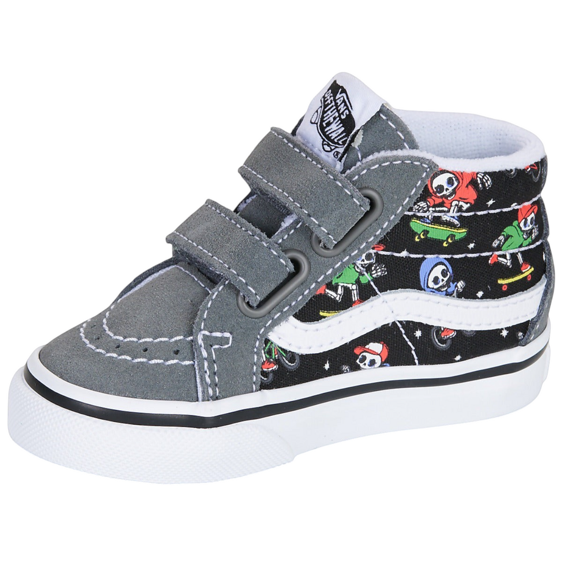 Chaussures montantes enfant Born2ride Vans Sk8-Mid Reissue V noires et grises avec motifs squelettes et scratchs