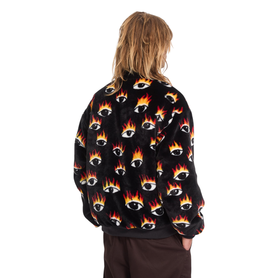 Veste bomber réversible Born2ride Volcom Fa Ozzy avec imprimé yeux enflammés sur fond noir porté par un homme