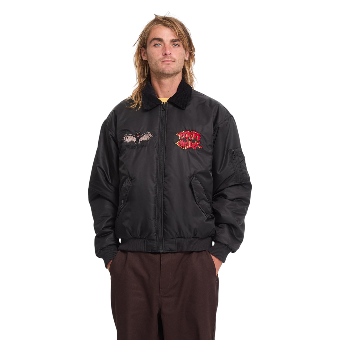 Veste bomber réversible Born2ride Volcom Fa Ozzy noire en nylon avec col en velours côtelé et broderies graphiques