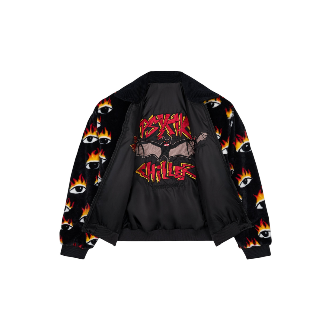 Veste bomber réversible Born2ride Volcom Fa Ozzy noire avec imprimé yeux enflammés et graphisme psychédélique au dos