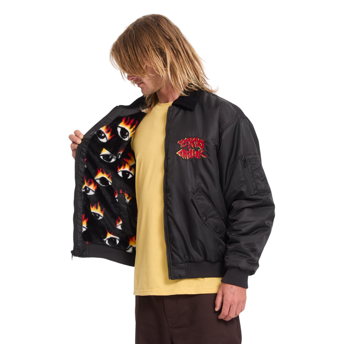 Veste bomber réversible Born2ride Volcom Fa Ozzy noire en nylon avec doublure imprimée artistique et col en velours