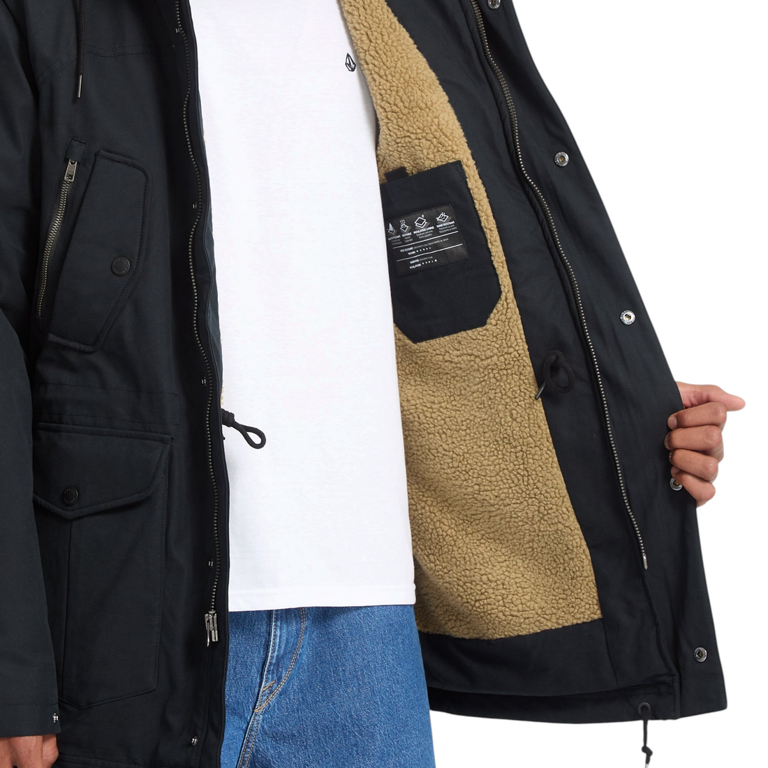 Parka Born2ride Volcom Starget 5K noire avec doublure en fausse fourrure beige et poches utilitaires