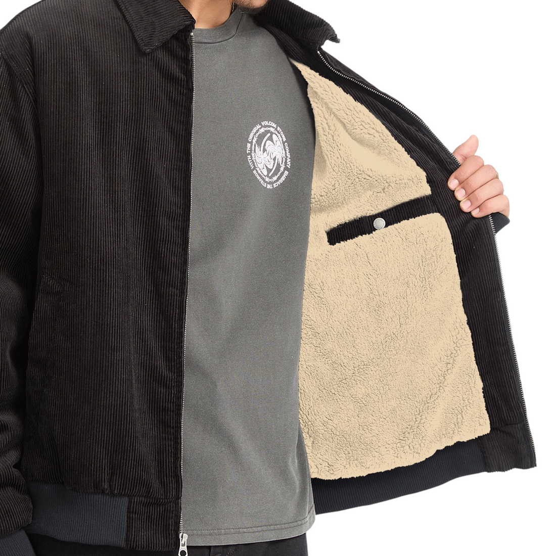 Veste Born2ride Volcom Kurtis noire en velours côtelé avec doublure intérieure en fausse fourrure beige