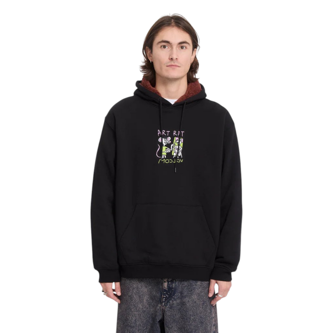 Sweat à capuche Born2ride Volcom Fa Ozzy Po noir en molleton avec graphisme Art Rat coloré sur la poitrine