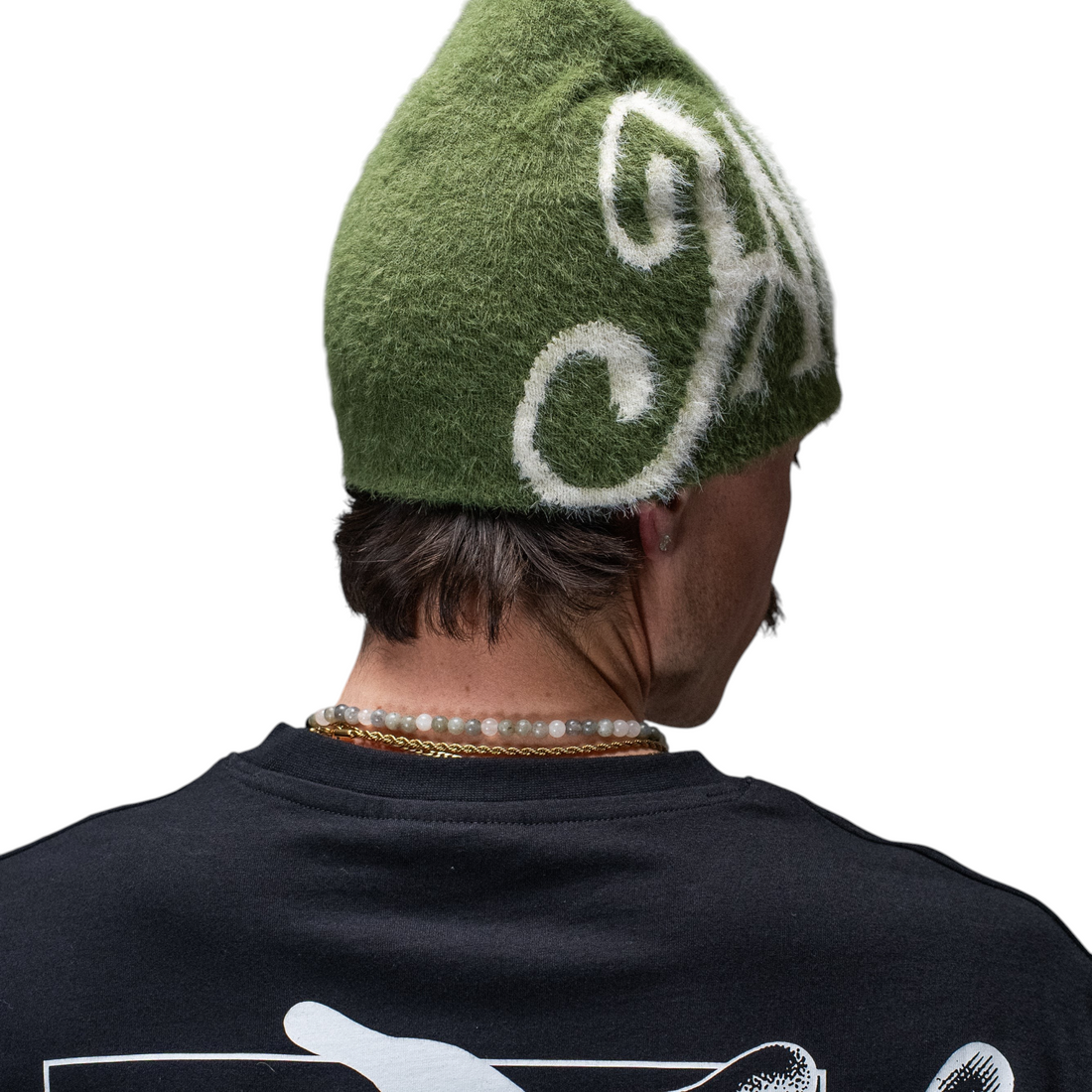 Bonnet Born2ride Jacker Blur Mohair vert avec logo blanc texturé porté de dos