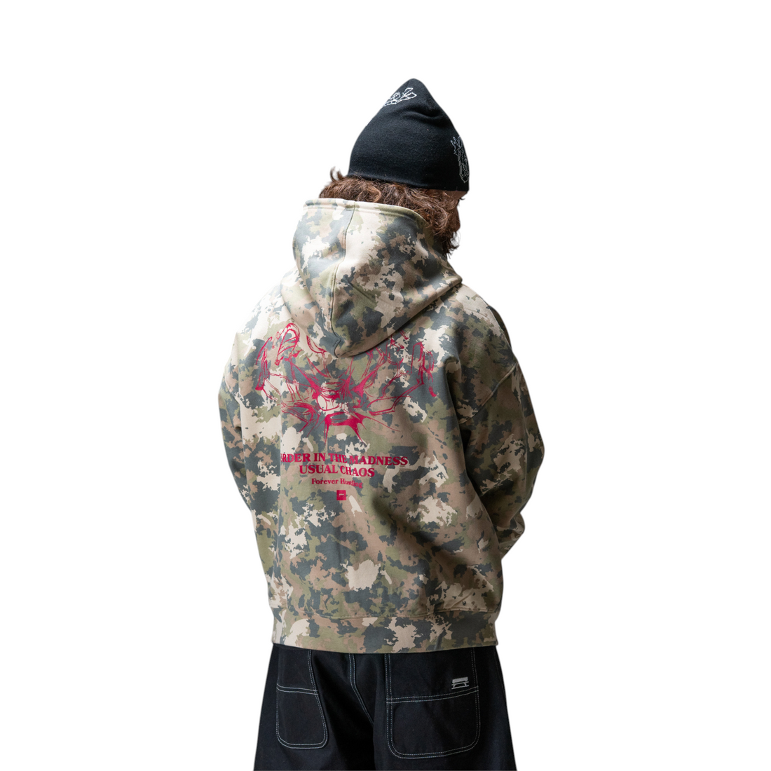 Sweat à capuche zippé Born2ride Jacker N°1890 en coton épais motif camouflage avec imprimé graphique rouge au dos