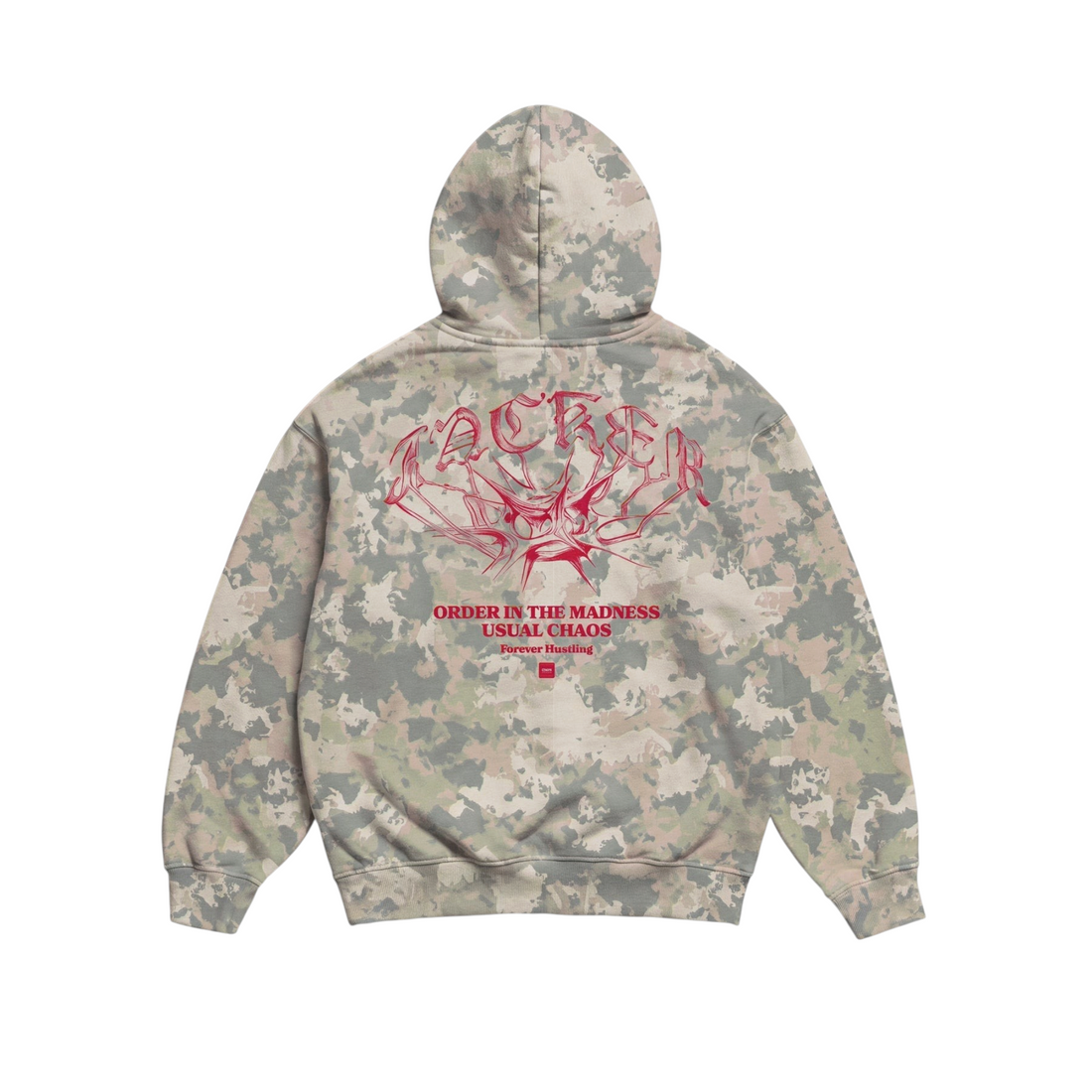Vue arrière du sweat à capuche zippé Born2ride Jacker N°1890 en coton épais motif camouflage avec logo rouge