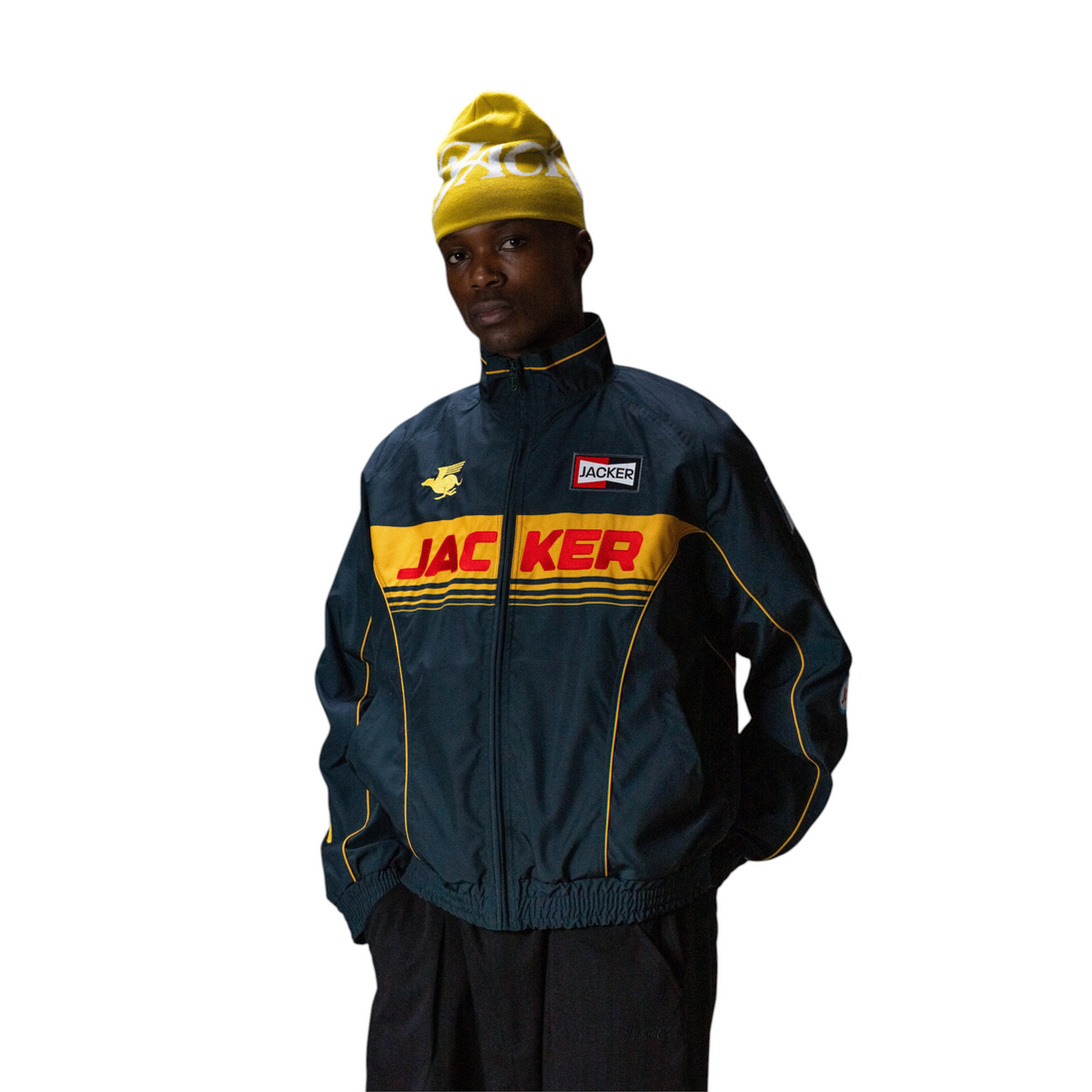 Veste de course Born2ride Jacker verte en polyester avec logos graphiques et col montant portée par un mannequin