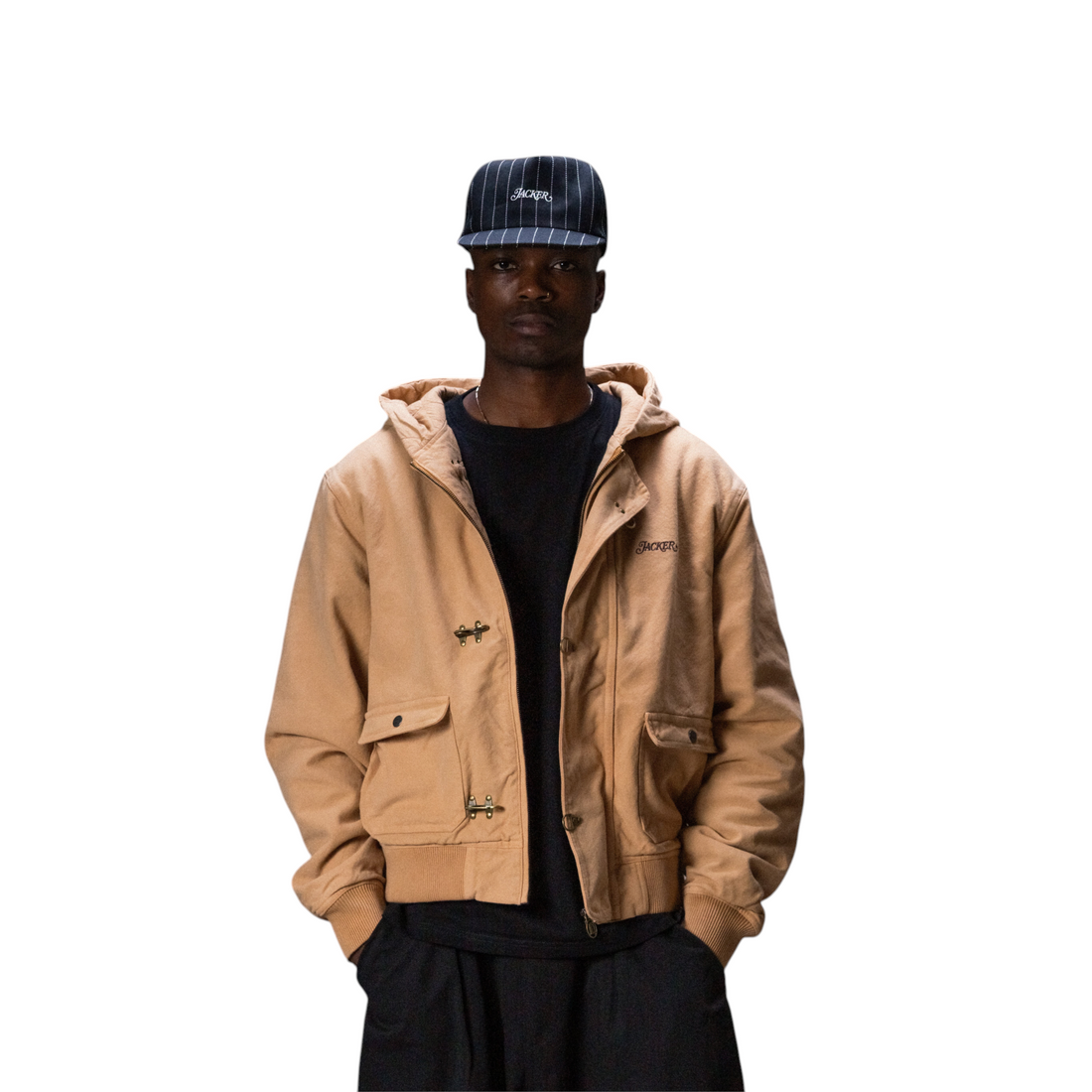 Homme portant la veste à capuche Born2ride Jacker Turnout marron en coton avec fermetures métalliques style streetwear