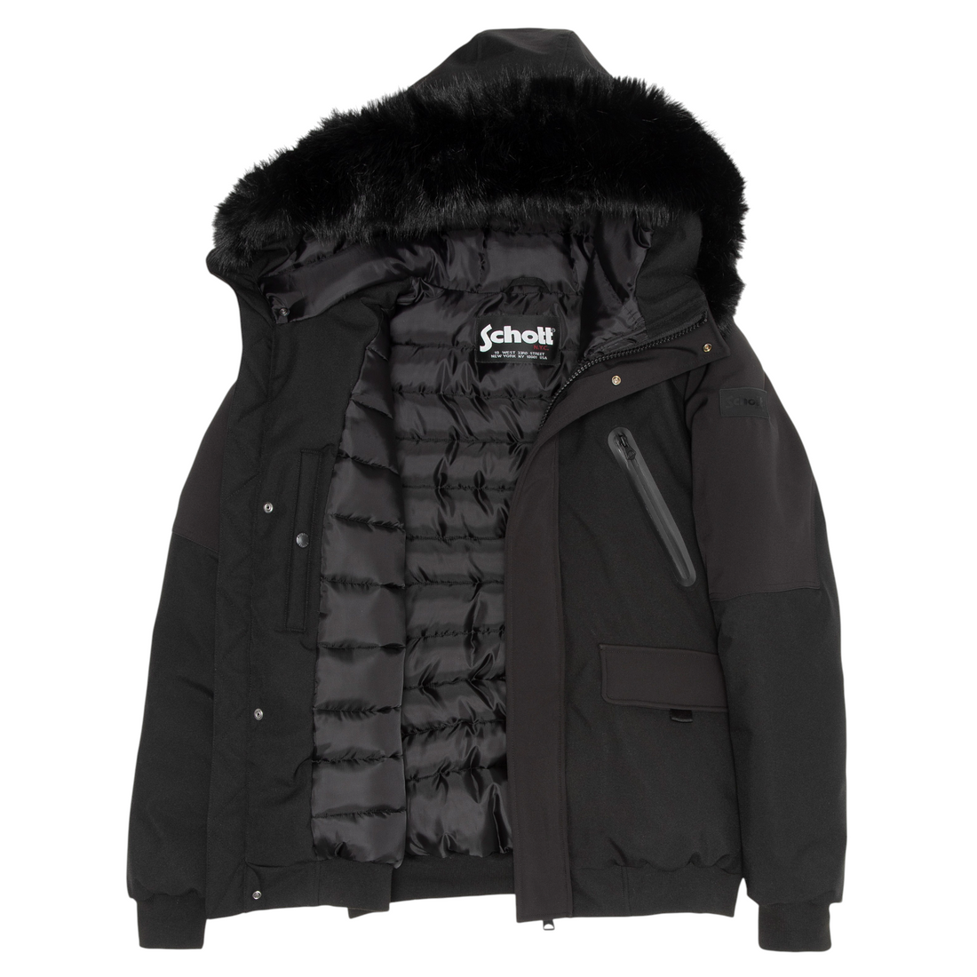 Blouson noir Schott Gaveen Born2ride en soft shell avec capuche ajustable et bordure en fausse fourrure