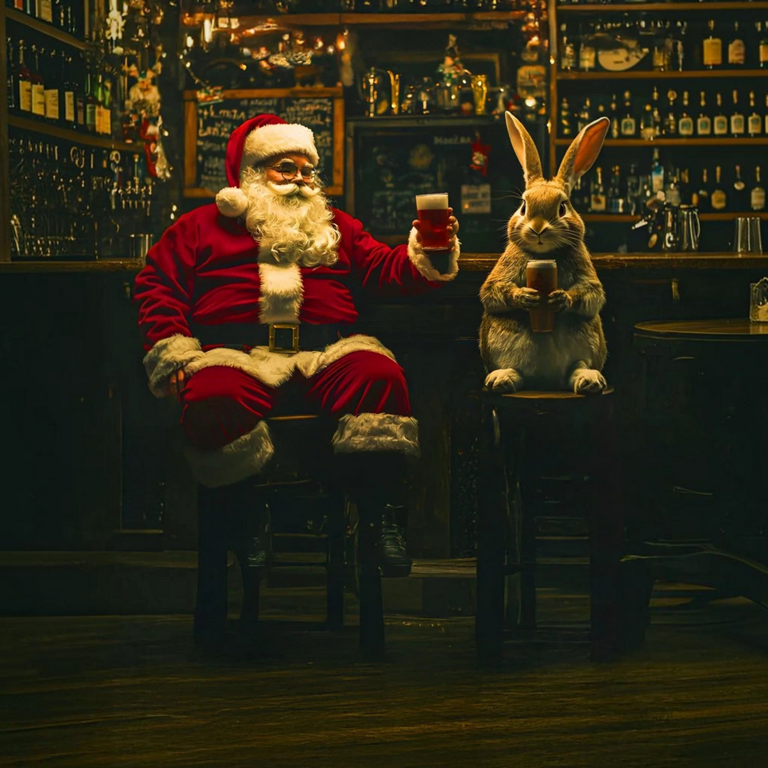 Le Père Noël et un lapin assis au comptoir d'un bar, portant le boxer Born2ride Fashion 2 Thanks imprimé