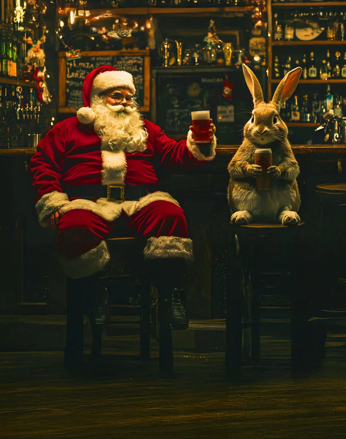 Le Père Noël et un lapin assis au comptoir d'un bar, portant le boxer Born2ride Fashion 2 Thanks imprimé