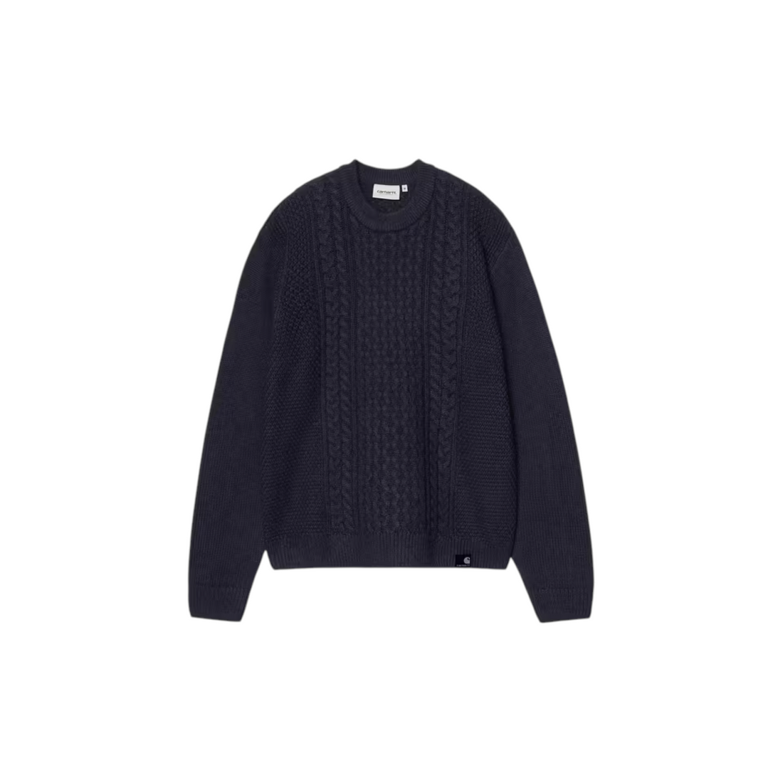 Pull Carhartt WIP Caster en maille torsadée épaisse bleu marine avec col rond et étiquette logo chez Born2ride