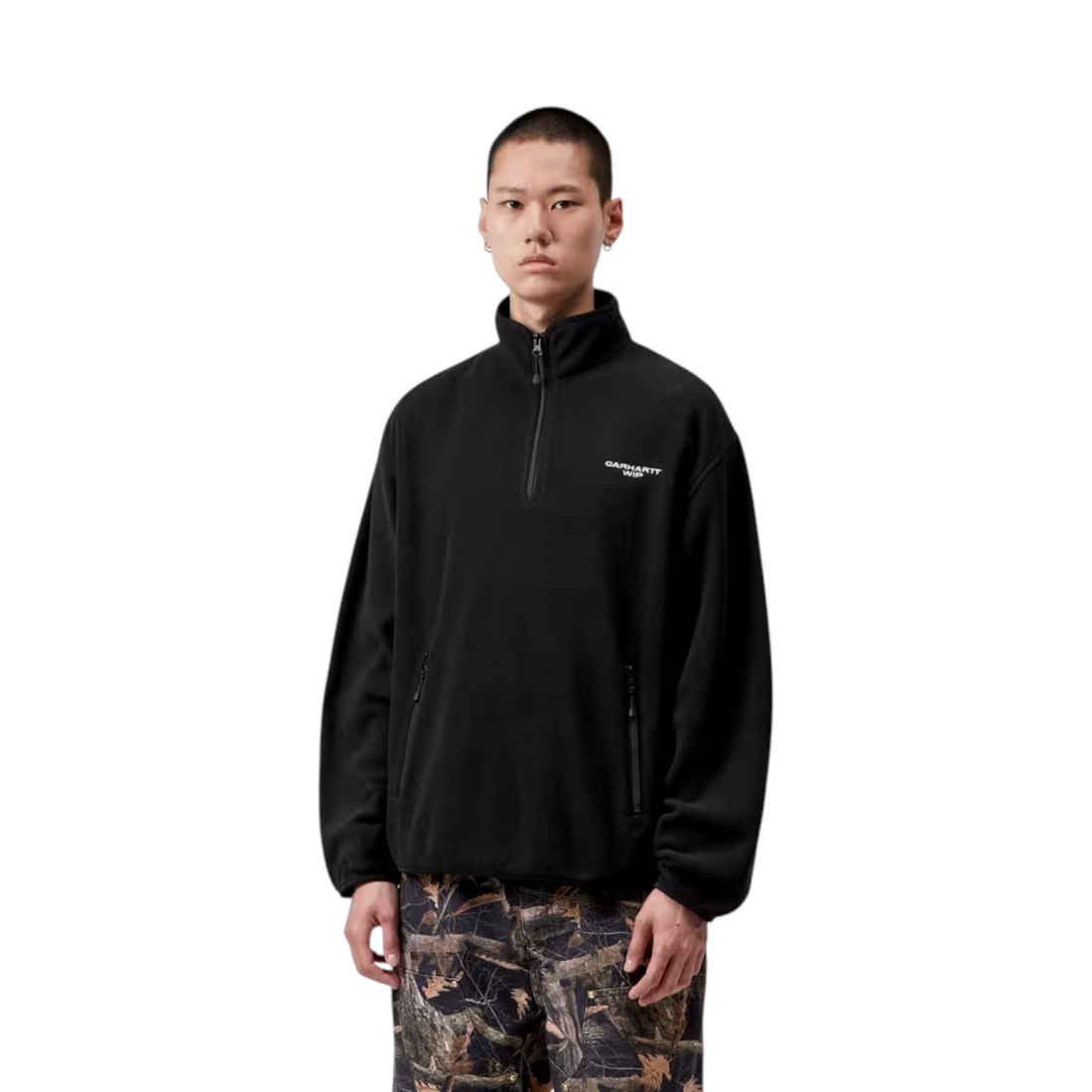 Sweat demi-zip Born2ride Carhartt WIP noir en polyester avec col montant et logo blanc sur la poitrine