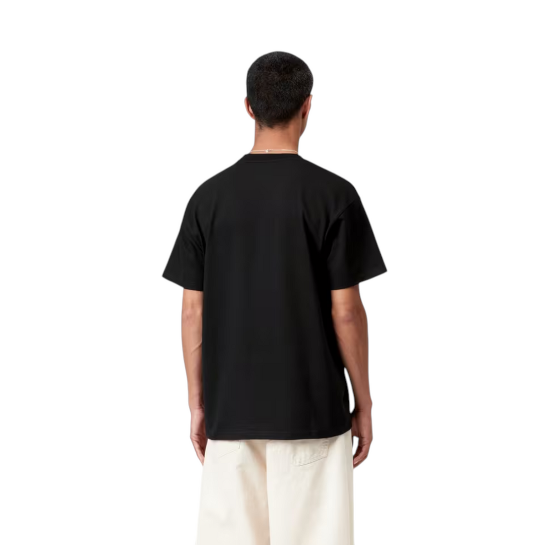 Vue de dos d'un homme portant le t-shirt noir en coton biologique Born2ride Carhartt WIP Animated Ducks
