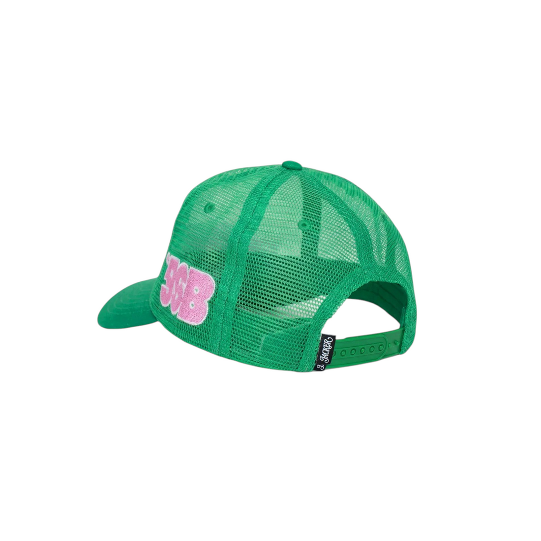 Casquette snapback 5 panneaux Born2ride verte avec filet et logo JSB rose brodé sur le côté