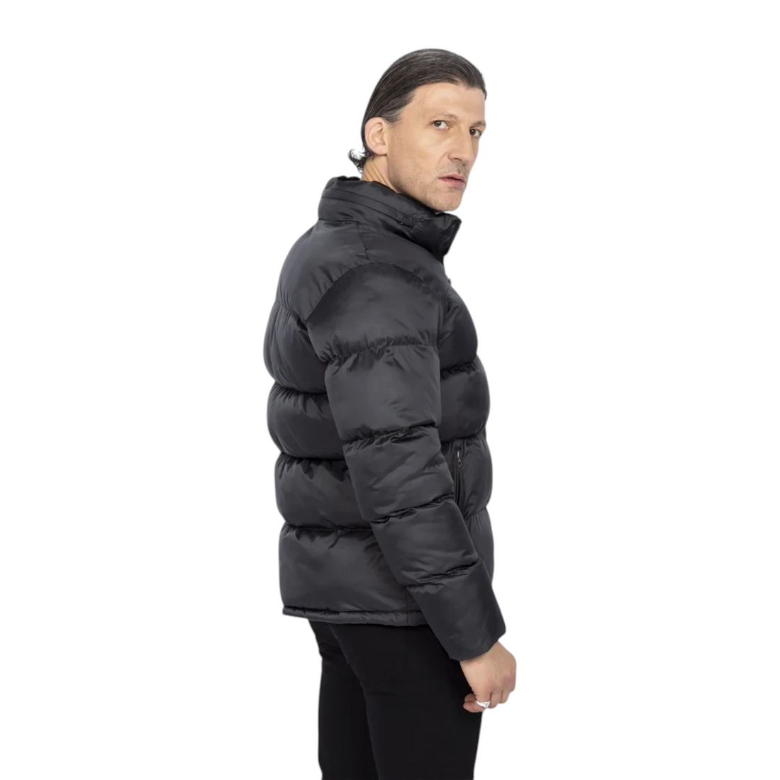 Homme portant la doudoune Schott Idaho anthracite en nylon ripstop, vue de profil, chez Born2ride.