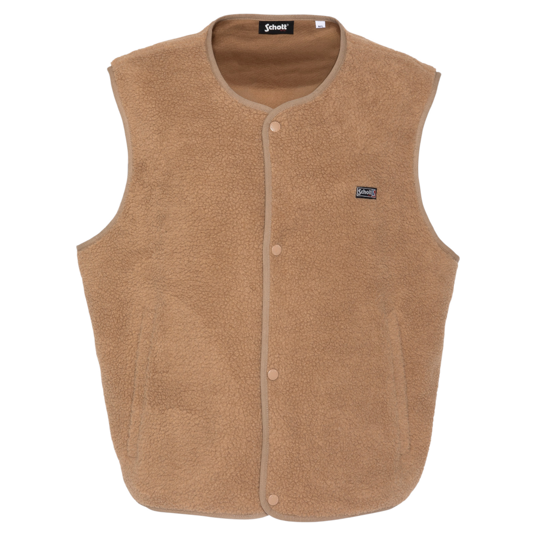 Gilet sans manche en sherpa beige Born2ride Schott Swcailen avec fermeture à boutons-pression et logo poitrine.
