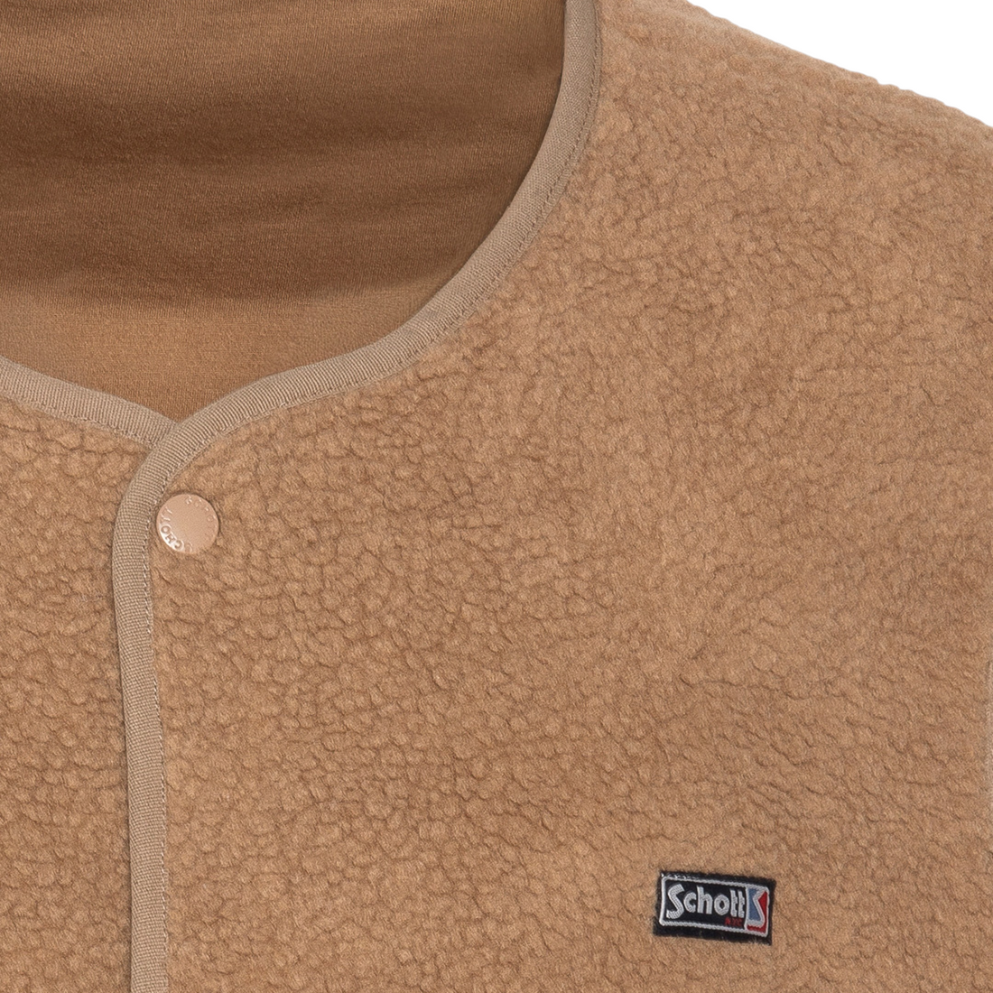 Gilet sans manche en sherpa beige Schott Swcailen disponible chez Born2ride avec fermeture à boutons-pression
