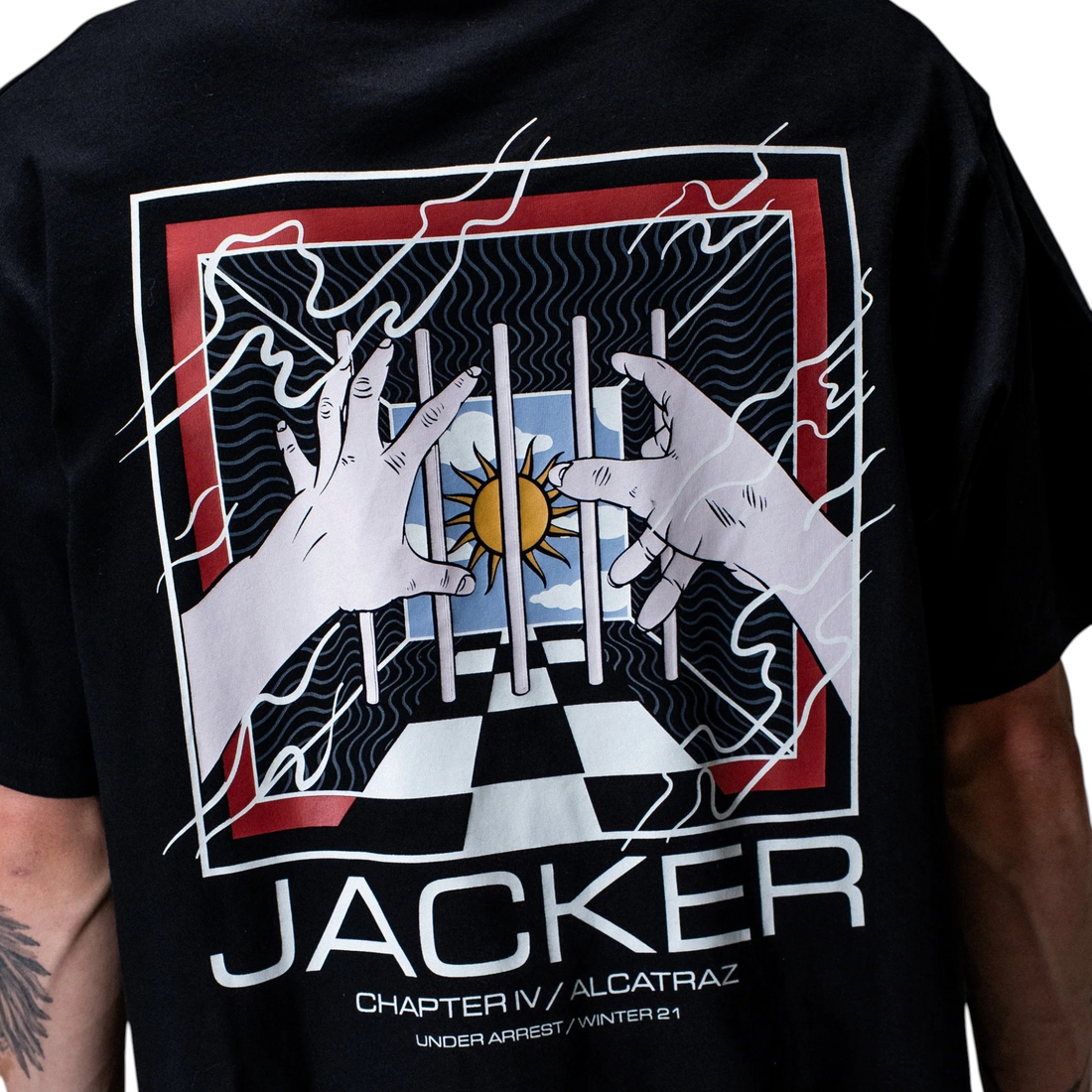 T-shirt noir Born2ride Jacker Alcatraz en coton avec sérigraphie graphique détaillée au dos représentant une prison