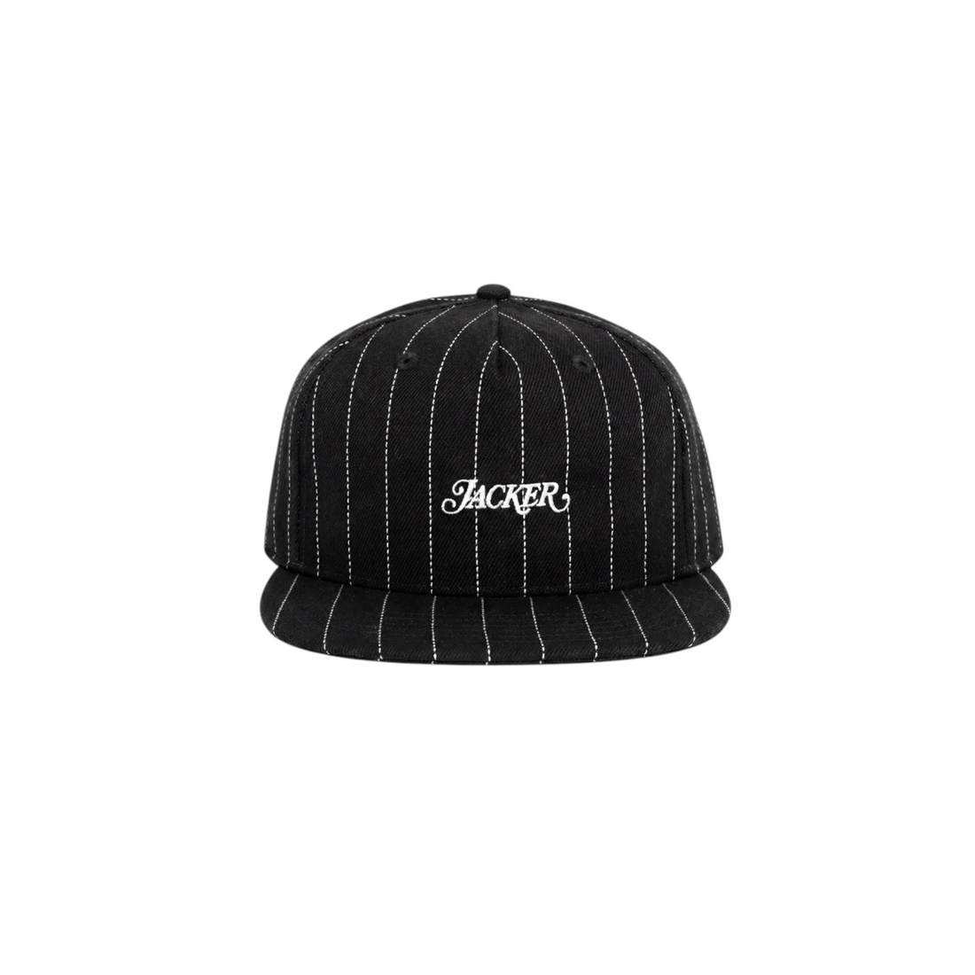 Casquette Jacker Stripe noire en twill de coton avec rayures blanches verticales et logo brodé, vendue par Born2ride