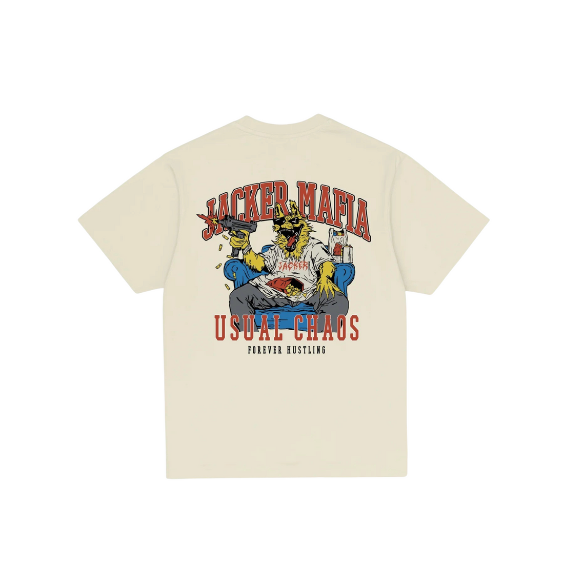 T-shirt unisexe Born2ride Jacker Instinct beige en coton épais avec sérigraphie graphique colorée au dos