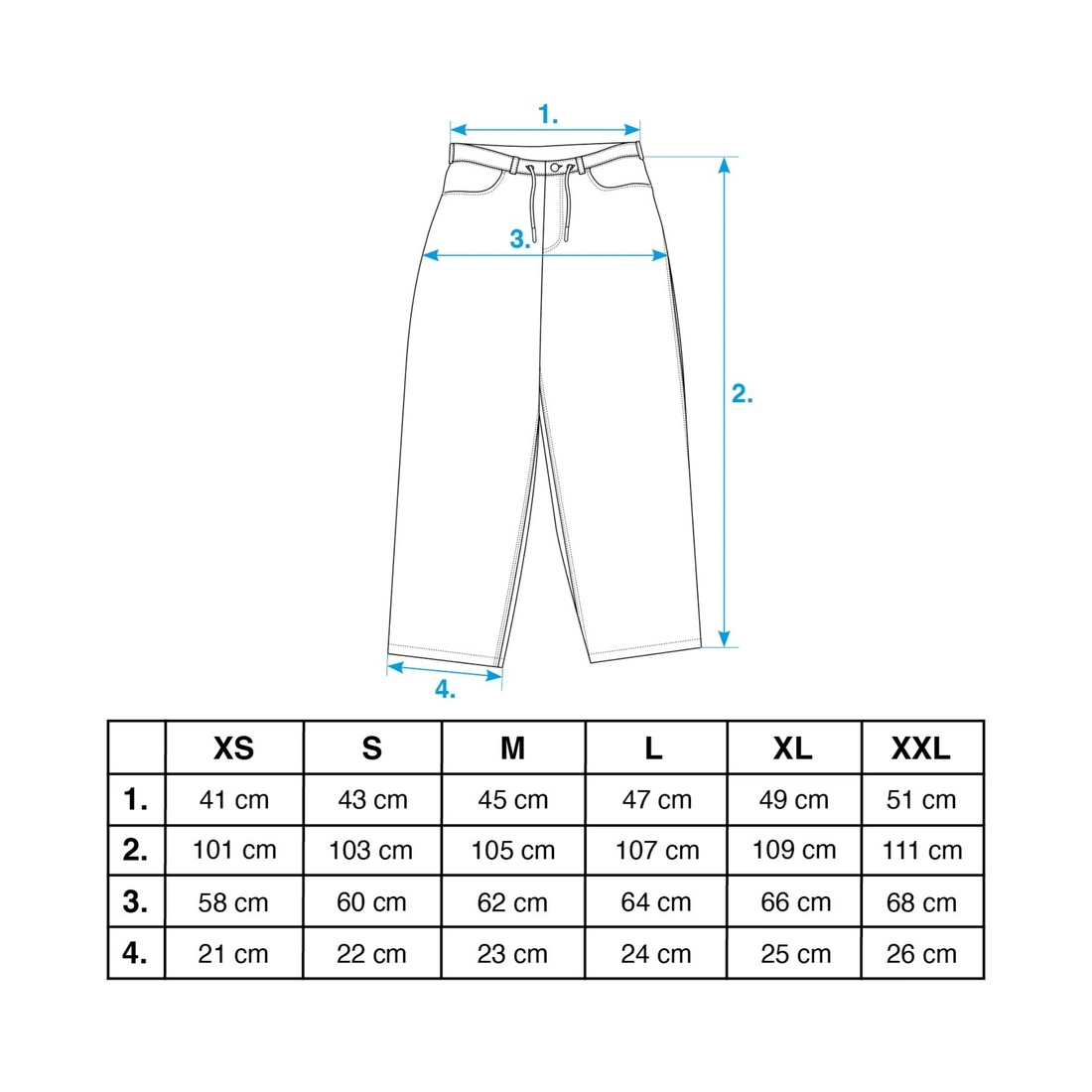Guide des tailles Born2ride pour le pantalon baggy Jacker N°1890 avec schéma technique et mesures en centimètres