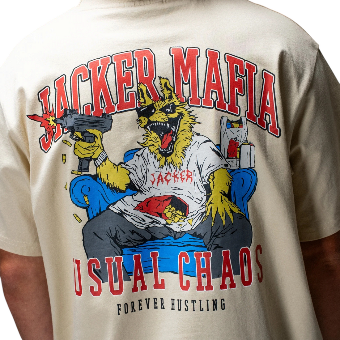 T-shirt Born2ride Jacker Instinct beige en coton épais avec sérigraphie graphique colorée au dos