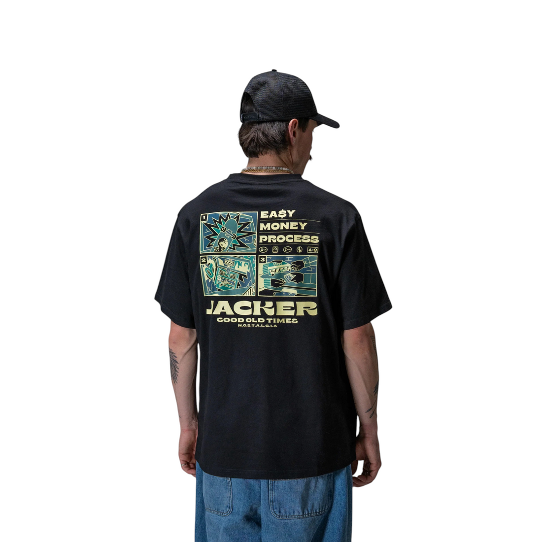 Homme portant le t-shirt noir en coton Born2ride Jacker avec sérigraphie graphique Easy Money au dos