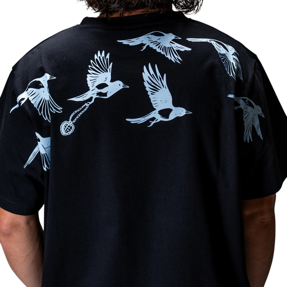 T-shirt noir Born2ride Jacker en coton épais avec imprimés oiseaux sérigraphiés au dos, coupe droite loose