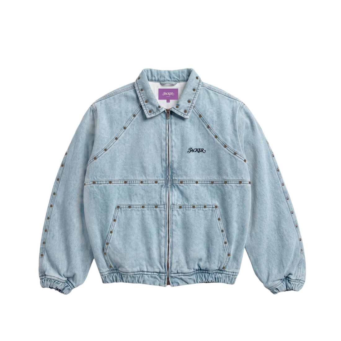 Veste en jean bleu clair Jacker Rivet avec finitions rivetées et logo brodé, disponible chez Born2ride