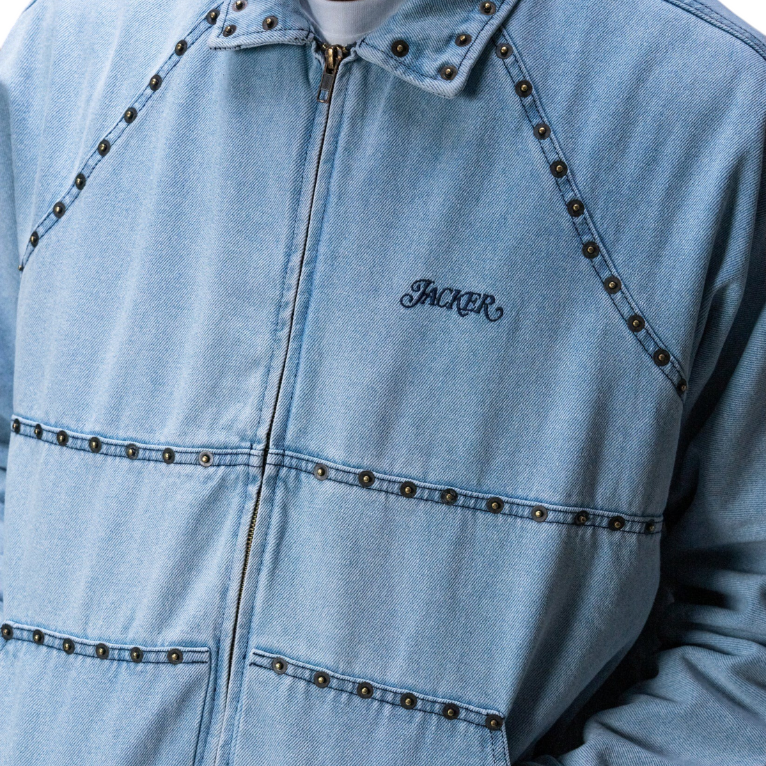 Veste en jean bleu clair Born2ride Jacker avec détails rivetées et fermeture éclair, style streetwear