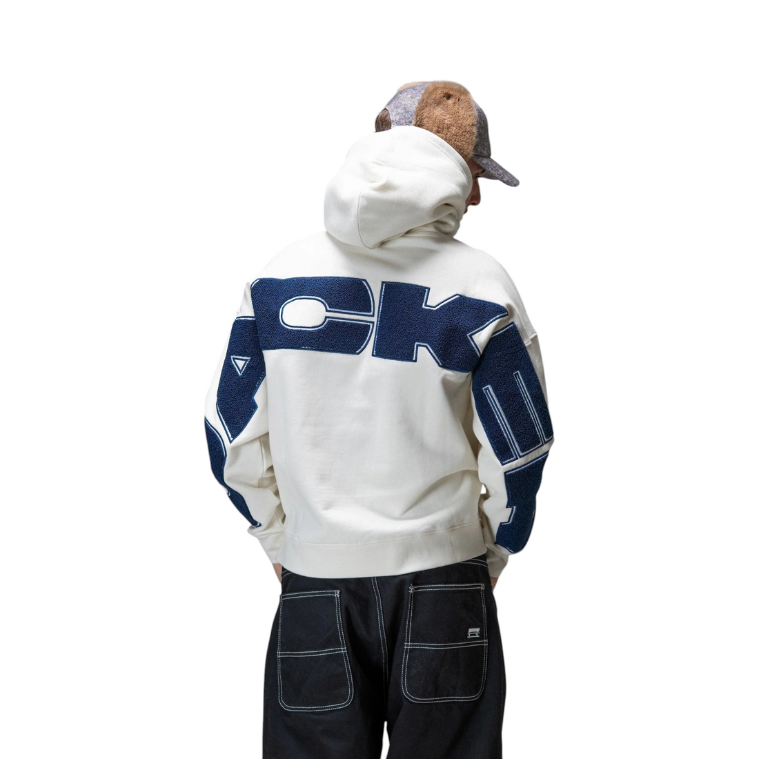 Sweat à capuche Born2ride Jacker Yetorious beige en coton épais avec logo bleu texturé au dos, vue de dos