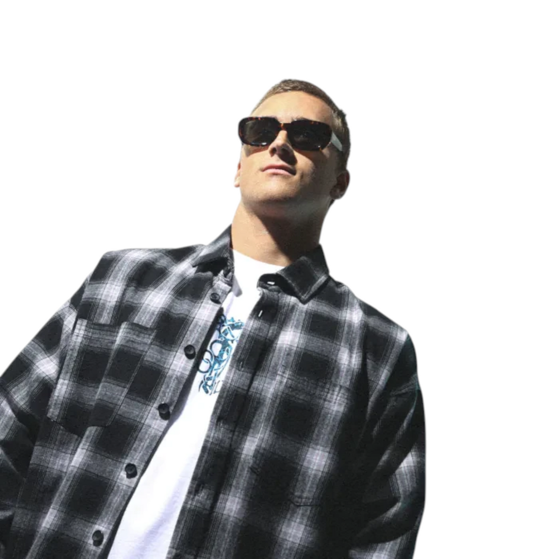Homme portant une chemise en flanelle Born2ride Oxbow Runes noire à carreaux avec des lunettes de soleil