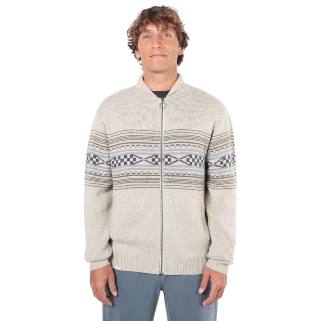 Homme portant le gilet zippé Born2ride Oxbow Wildtrail-jp couleur Seashell en maille texturée à motifs géométriques