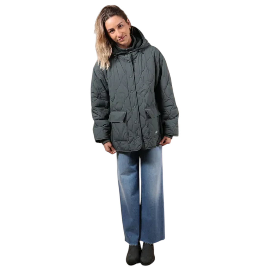Veste matelassée Born2ride Oxbow Paddy-jk grise en polyamide avec capuche et poches, portée par une femme