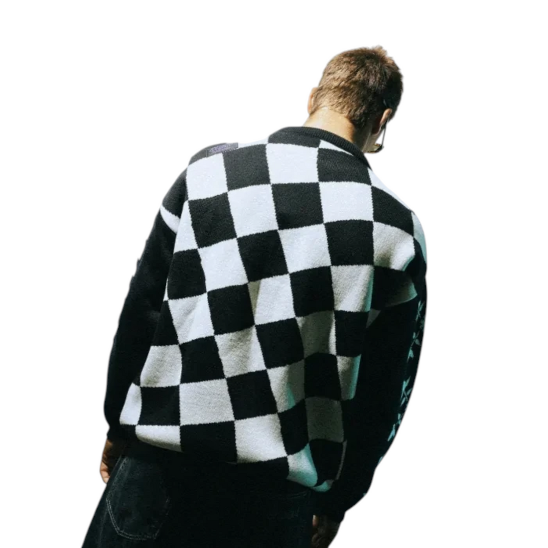 Pull Born2ride Oxbow Skolpen3-jp noir et blanc en tricot jacquard laine mérinos avec motif damier