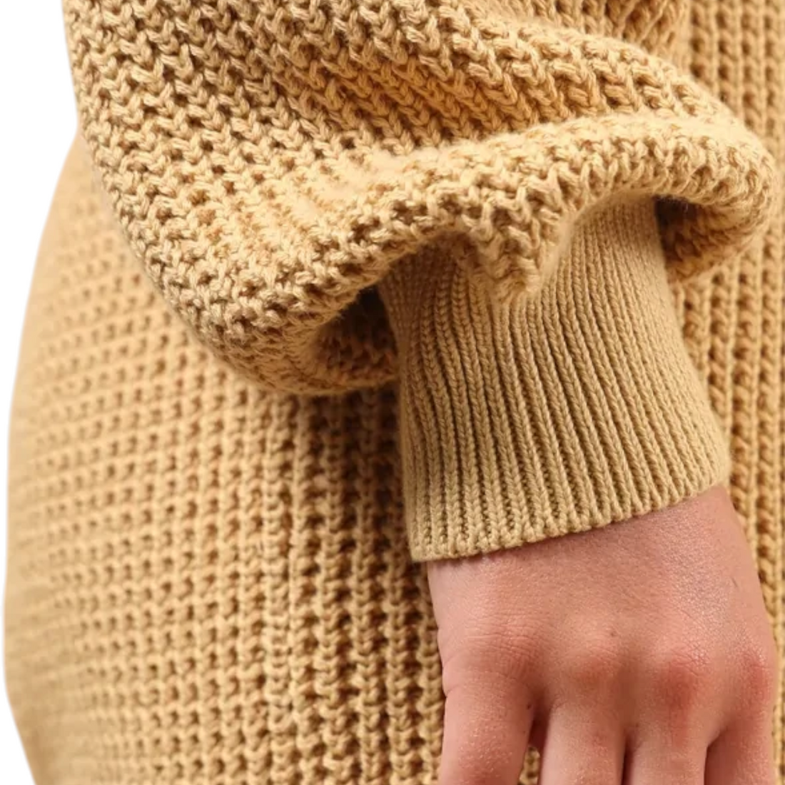 Gros plan sur la manche en maille tricotée beige de la robe Born2ride Oxbow Souany en coton biologique
