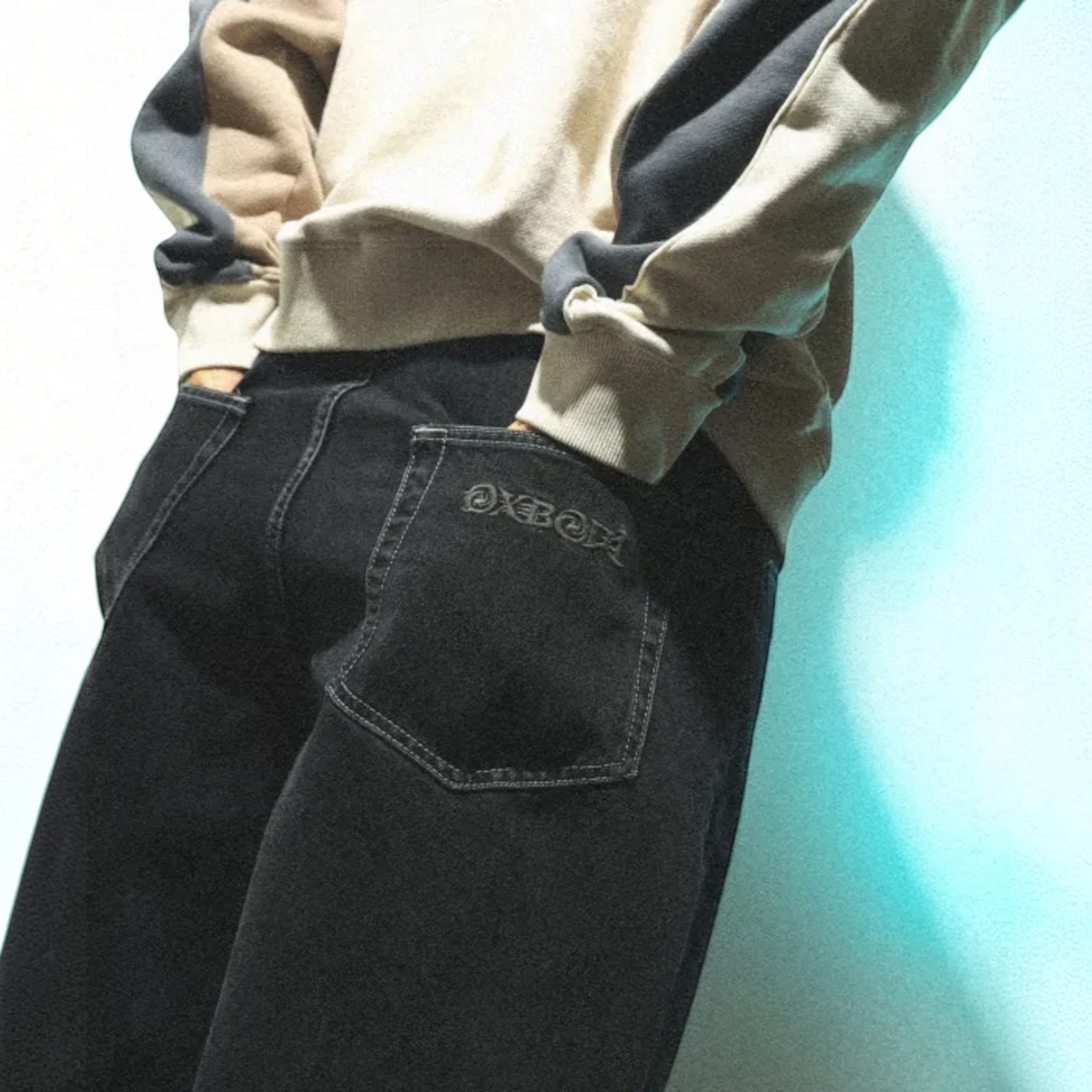 Jean baggy Born2ride Oxbow Spell-pt noir délavé en coton avec poche arrière brodée et surpiqûres contrastées