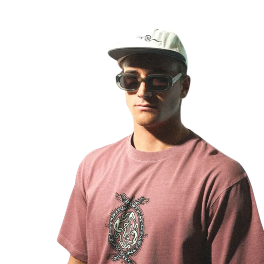 Homme portant le t-shirt Oxbow Snake-sst rose taupe en coton biologique avec un motif graphique, vendu par Born2ride.