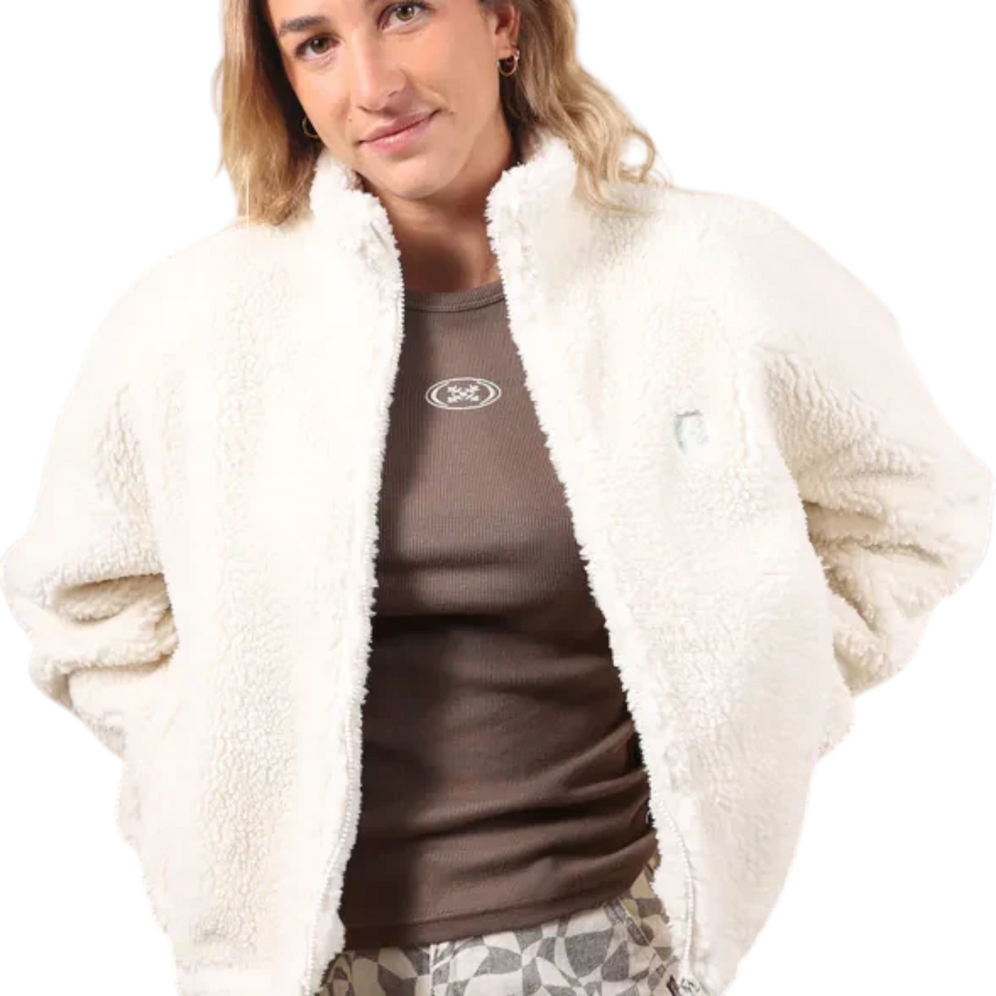 Veste sherpa zippée Born2ride Oxbow Sanna-wrm couleur blanc cassé Snow en polyester recyclé portée par une femme