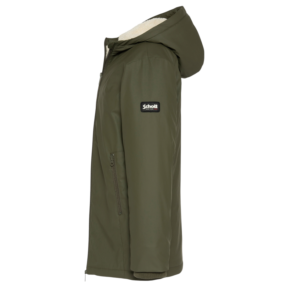Parka enfant kaki Schott Jacksonb avec capuche doublée sherpa, vue de profil, disponible chez Born2ride