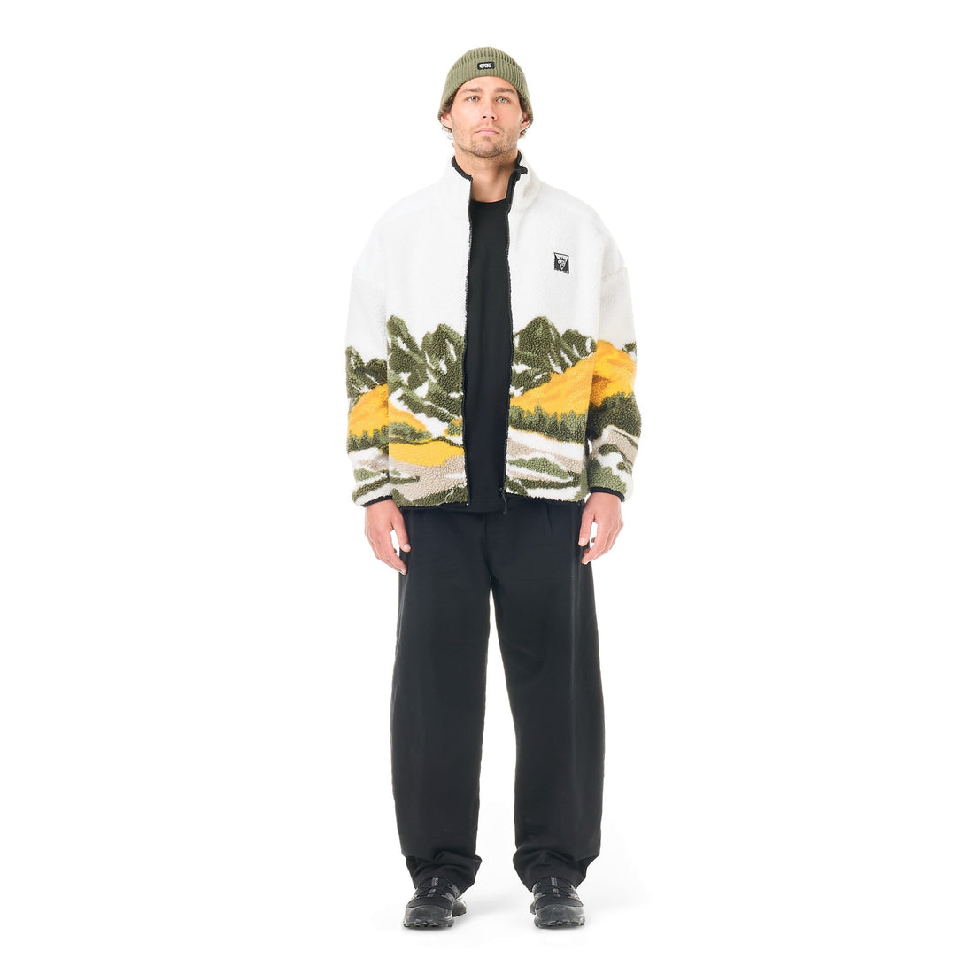 Homme portant la veste polaire Born2ride Picture Organic Hafdals à motif paysage montagneux en polyester recyclé