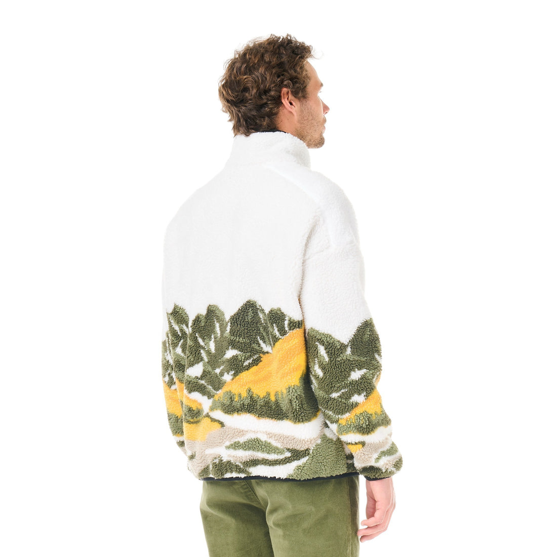 Homme portant la polaire Born2ride Picture Organic Hafdals à motif paysage jacquard vert et jaune, vue de dos