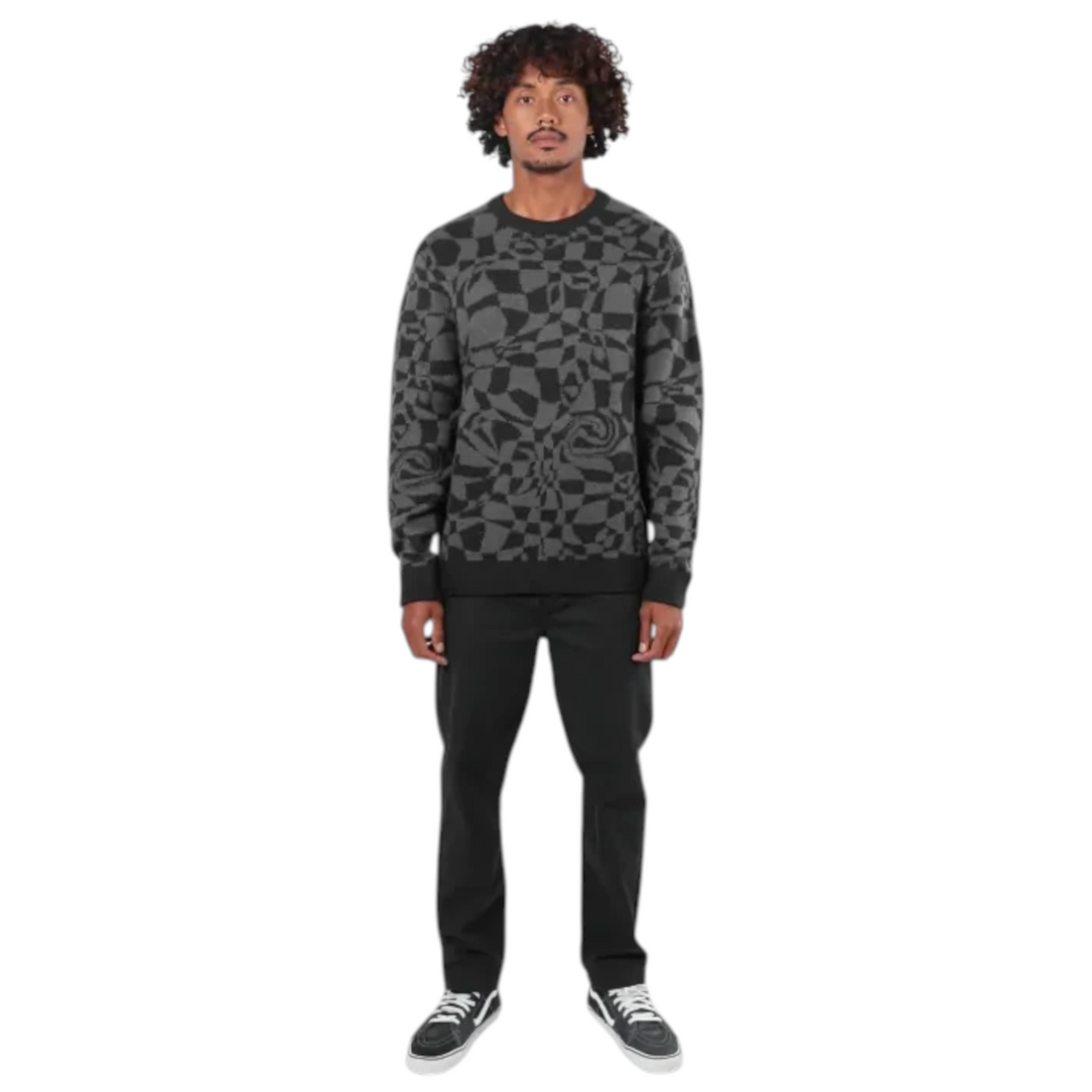 Homme portant le pull Oxbow Twist-jp noir à motif géométrique abstrait, disponible chez Born2ride.