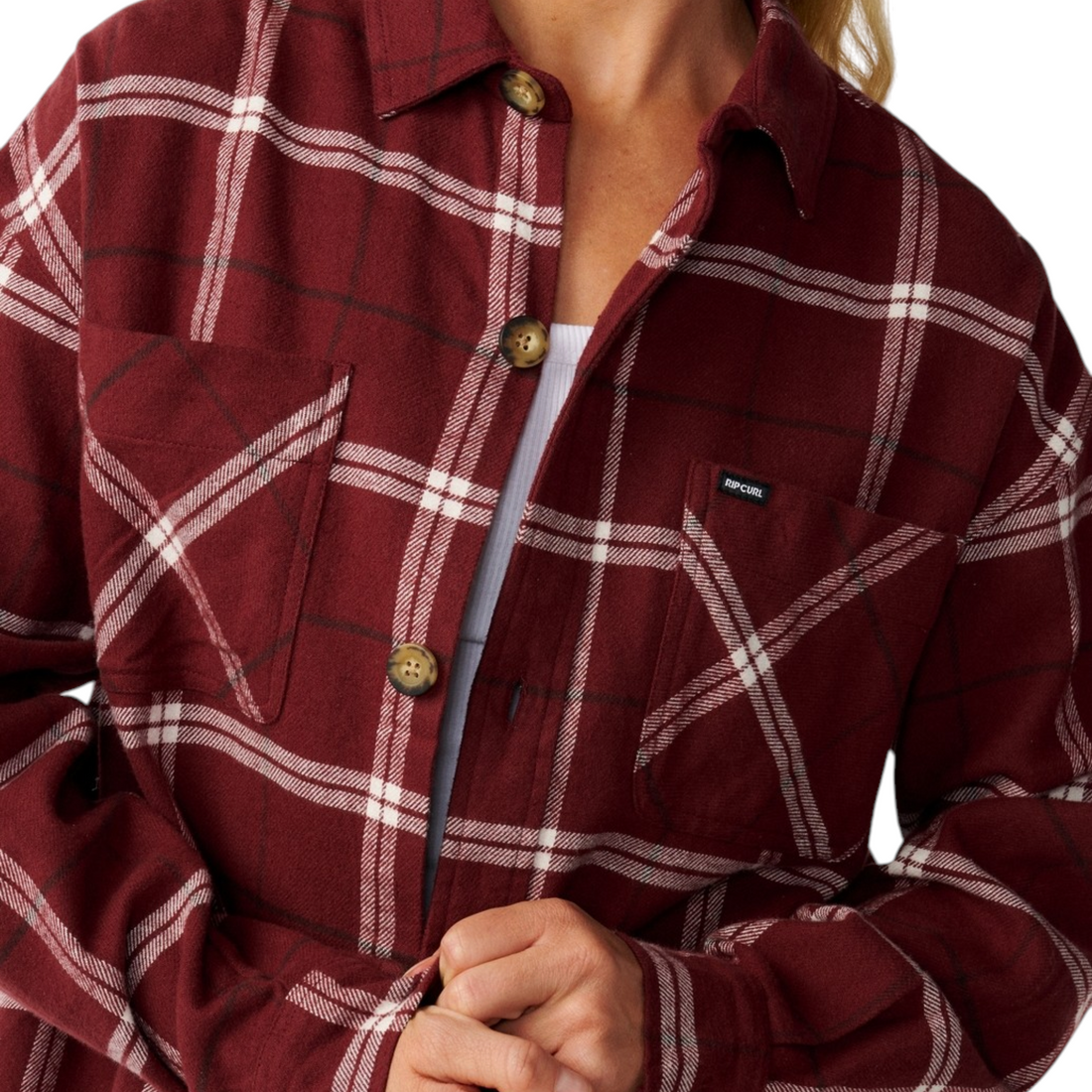 Chemise en flanelle Born2ride Rip Curl Venture à carreaux bordeaux et blancs avec poche poitrine et boutons