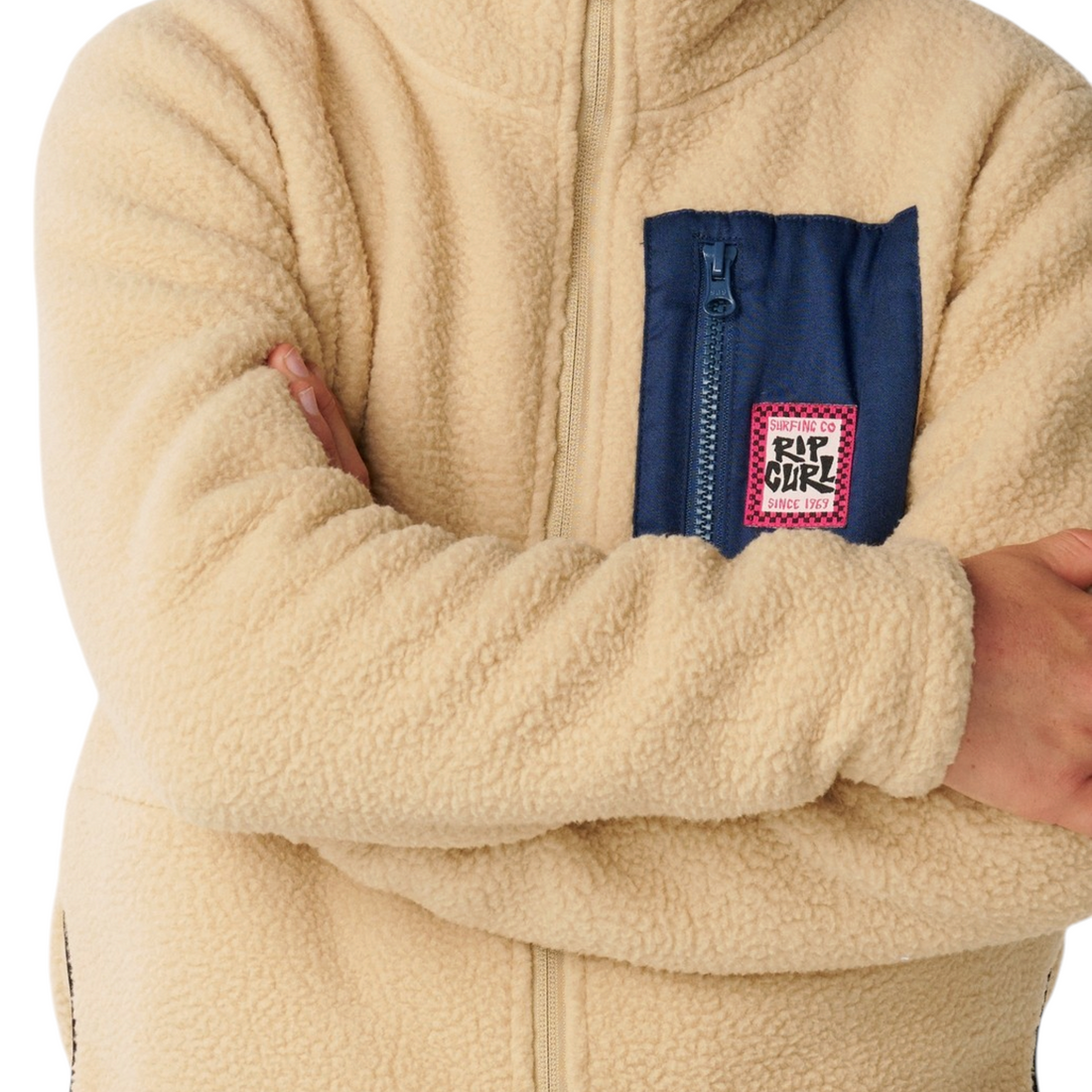 Sweat polaire Born2ride Rip Curl Streamline pour garçon en polaire beige sable avec poche poitrine zippée bleue