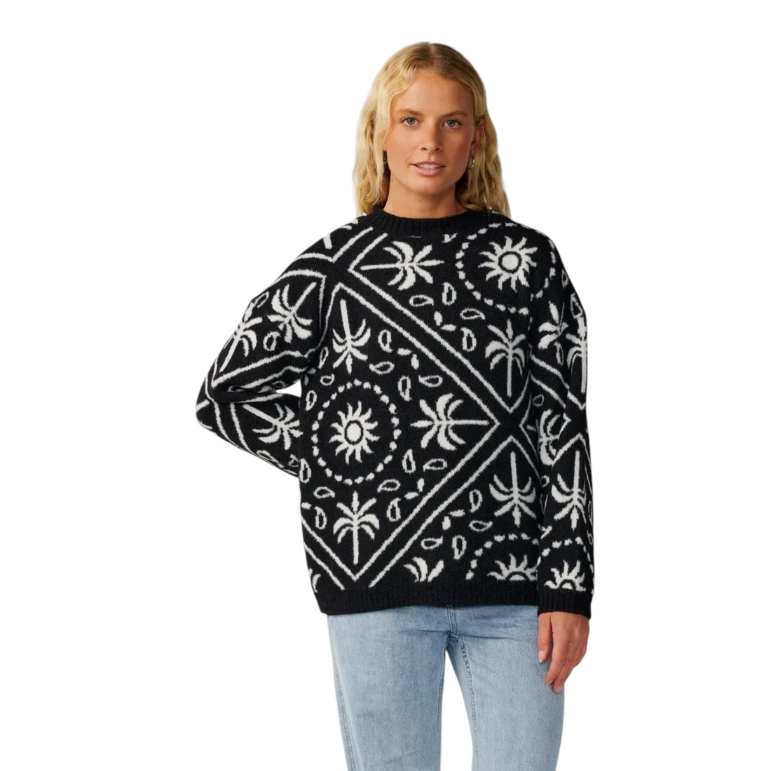 Pull Born2ride Rip Curl Bossa Nova en maille jacquard noire et blanche avec motif bandana et coupe relax